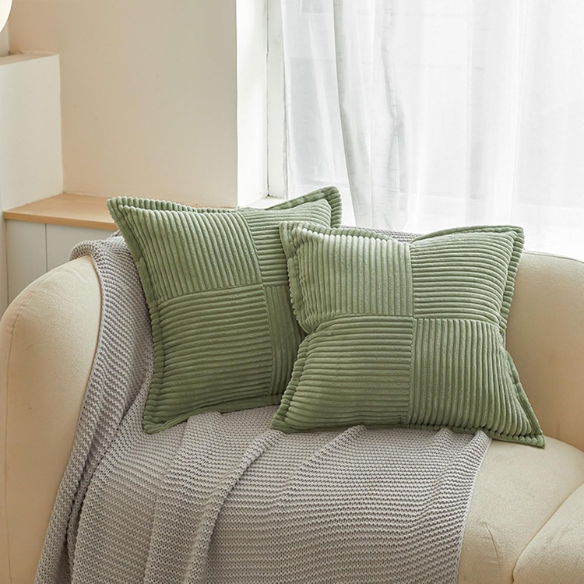 Light green corduroy pillow cover with geometric striped pattern, modern and eco-friendly, ideal for sofas, chairs, and outdoor patios.