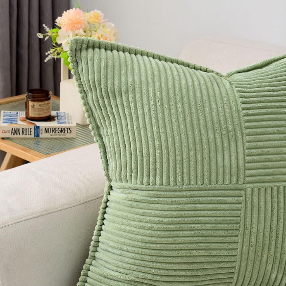 Light green corduroy pillow cover with geometric striped pattern, modern and eco-friendly, ideal for sofas, chairs, and outdoor patios.