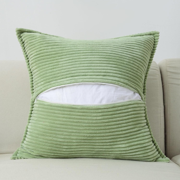 Light green corduroy pillow cover with geometric striped pattern, modern and eco-friendly, ideal for sofas, chairs, and outdoor patios.