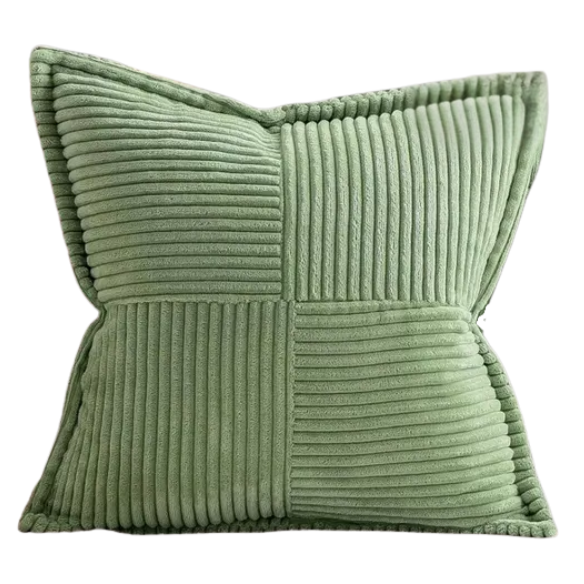 Light green corduroy pillow cover with geometric striped pattern, modern and eco-friendly, ideal for sofas, chairs, and outdoor patios.