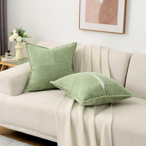 Light green corduroy pillow cover with geometric striped pattern, modern and eco-friendly, ideal for sofas, chairs, and outdoor patios.