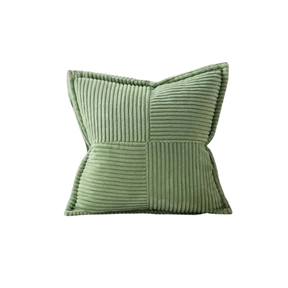 Light green corduroy pillow cover with geometric striped pattern, modern and eco-friendly, ideal for sofas, chairs, and outdoor patios.