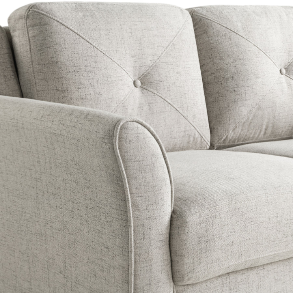 Modern 3-seater sofa upholstered in light grey microfiber with tufted back cushions, flared arms, and a durable eucalyptus wood frame – ideal for contemporary and transitional living rooms