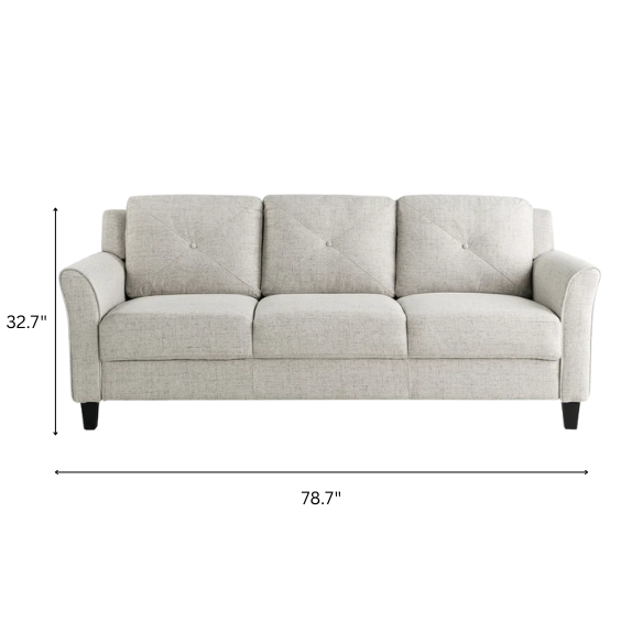 Modern 3-seater sofa upholstered in light grey microfiber with tufted back cushions, flared arms, and a durable eucalyptus wood frame – ideal for contemporary and transitional living rooms