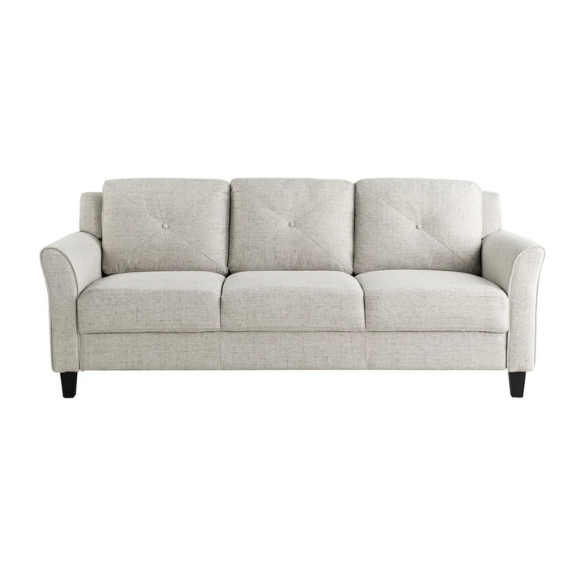 Modern 3-seater sofa upholstered in light grey microfiber with tufted back cushions, flared arms, and a durable eucalyptus wood frame – ideal for contemporary and transitional living rooms