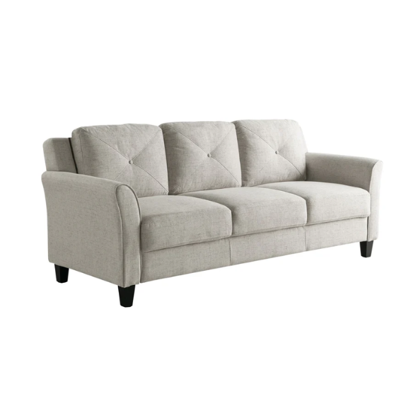 Modern 3-seater sofa upholstered in light grey microfiber with tufted back cushions, flared arms, and a durable eucalyptus wood frame – ideal for contemporary and transitional living rooms