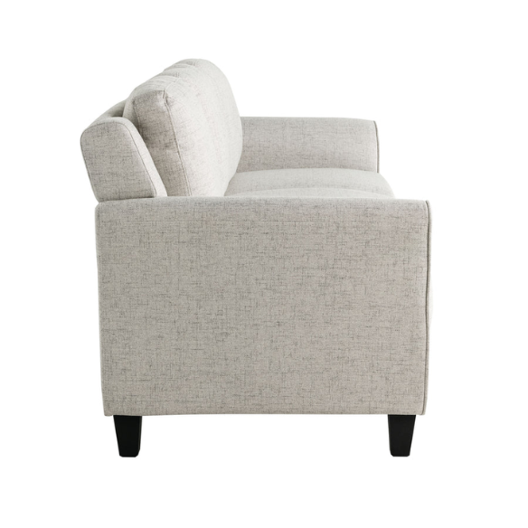 Modern 3-seater sofa upholstered in light grey microfiber with tufted back cushions, flared arms, and a durable eucalyptus wood frame – ideal for contemporary and transitional living rooms