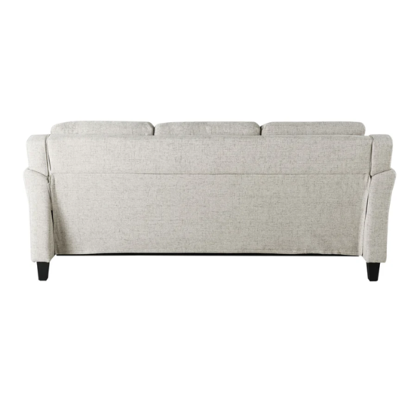Modern 3-seater sofa upholstered in light grey microfiber with tufted back cushions, flared arms, and a durable eucalyptus wood frame – ideal for contemporary and transitional living rooms
