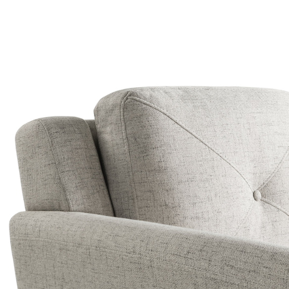 Modern 3-seater sofa upholstered in light grey microfiber with tufted back cushions, flared arms, and a durable eucalyptus wood frame – ideal for contemporary and transitional living rooms