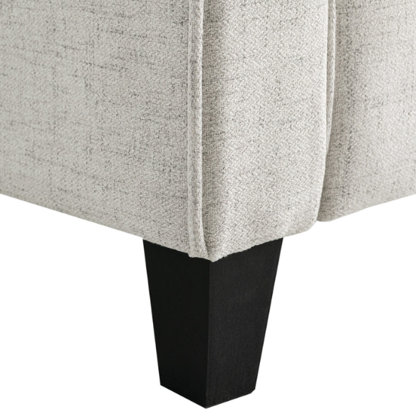 Modern 3-seater sofa upholstered in light grey microfiber with tufted back cushions, flared arms, and a durable eucalyptus wood frame – ideal for contemporary and transitional living rooms