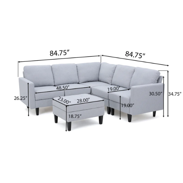 Light grey 5-piece modular sectional sofa set with ottoman and dark wood legs for modern living rooms