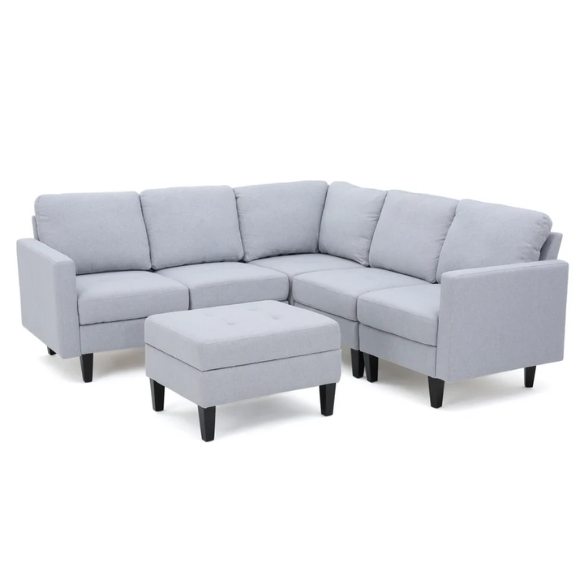 Light grey 5-piece modular sectional sofa set with ottoman and dark wood legs for modern living rooms