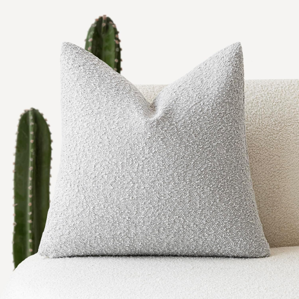 Light grey boucle throw pillow cover with soft loop texture, 18x18 inches – modern cozy accent for sofa, bed, or armchair