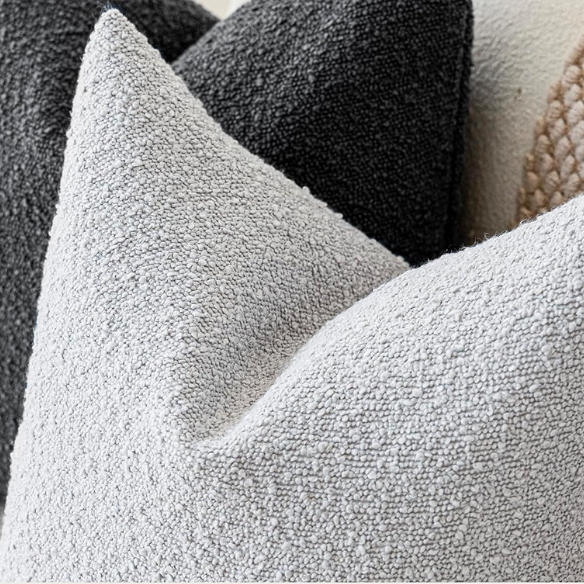Light grey boucle throw pillow cover with soft loop texture, 18x18 inches – modern cozy accent for sofa, bed, or armchair