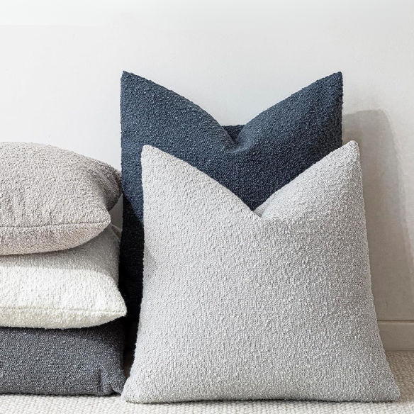 Light grey boucle throw pillow cover with soft loop texture, 18x18 inches – modern cozy accent for sofa, bed, or armchair