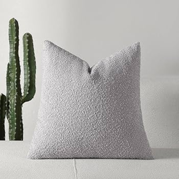 Light grey boucle throw pillow cover with soft loop texture, 18x18 inches – modern cozy accent for sofa, bed, or armchair