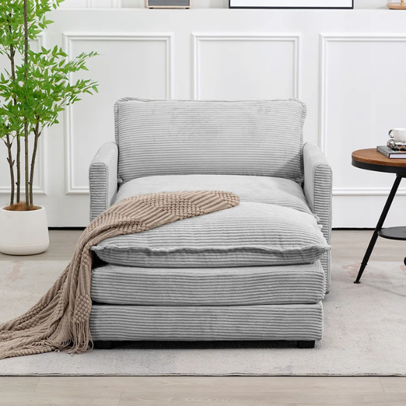 Light grey corduroy accent chair with matching ottoman, featuring soft textured upholstery, high-resilience foam cushions, and a compact modern design.
