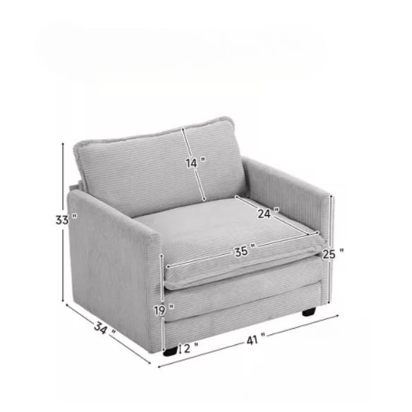 Light grey corduroy accent chair with matching ottoman, featuring soft textured upholstery, high-resilience foam cushions, and a compact modern design.
