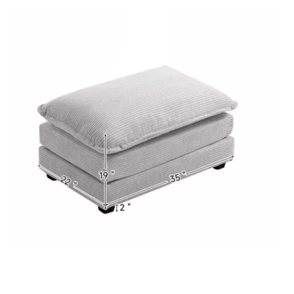 Light grey corduroy accent chair with matching ottoman, featuring soft textured upholstery, high-resilience foam cushions, and a compact modern design.