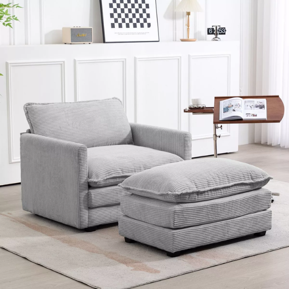 Light grey corduroy accent chair with matching ottoman, featuring soft textured upholstery, high-resilience foam cushions, and a compact modern design.