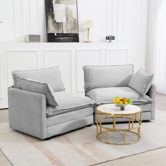 Light grey corduroy loveseat sofa with modern design, spacious two-person seating, and soft, durable upholstery for living rooms, bedrooms, and home offices.
