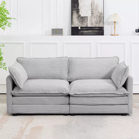 Light grey corduroy loveseat sofa with modern design, spacious two-person seating, and soft, durable upholstery for living rooms, bedrooms, and home offices.
