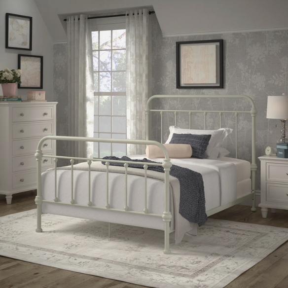 Light grey full size metal bed frame with spindle headboard and footboard, decorative finials, and center support legs.