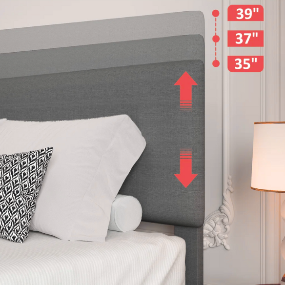 Light grey upholstered king-size platform bed with adjustable headboard, foam padding, and underbed storage clearance for modern bedrooms
