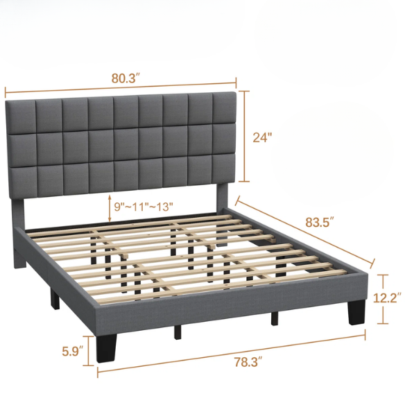 Light grey upholstered king-size platform bed with adjustable headboard, foam padding, and underbed storage clearance for modern bedrooms