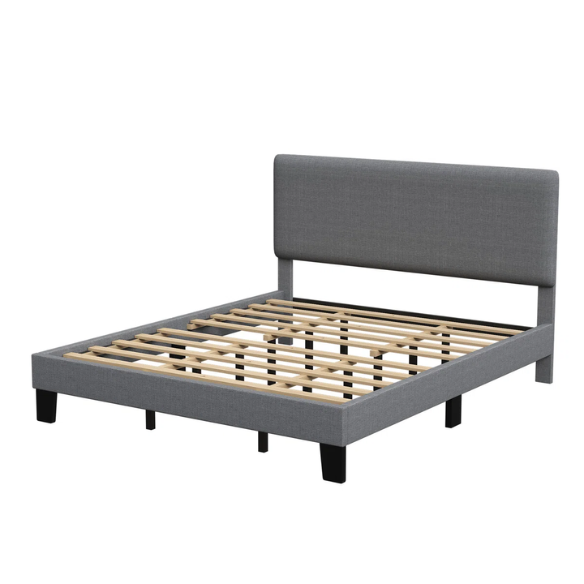Light grey upholstered king-size platform bed with adjustable headboard, foam padding, and underbed storage clearance for modern bedrooms