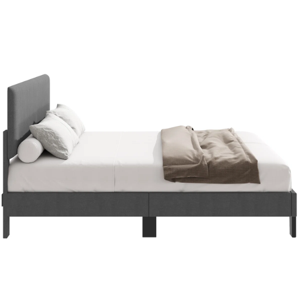Light grey upholstered king-size platform bed with adjustable headboard, foam padding, and underbed storage clearance for modern bedrooms