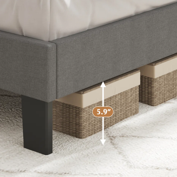 Light grey upholstered king-size platform bed with adjustable headboard, foam padding, and underbed storage clearance for modern bedrooms