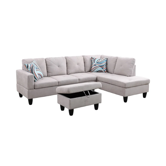 Light grey L-shaped sectional sofa with right-facing chaise and ottoman, microfiber upholstery and light gray wooden legs