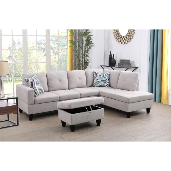 Light grey L-shaped sectional sofa with right-facing chaise and ottoman, microfiber upholstery and light gray wooden legs