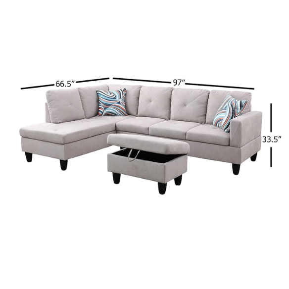 Light grey L-shaped sectional sofa with right-facing chaise and ottoman, microfiber upholstery and light gray wooden legs