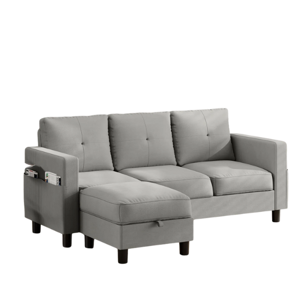 Compact light grey L-shaped sectional sofa with storage ottoman, firm cushions, and stain-resistant fabric, perfect for small spaces.