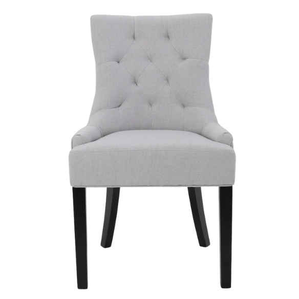 Set of four light grey upholstered dining chairs with diamond tufted backs, armless design, sloped armrests, and espresso brown wood legs.
