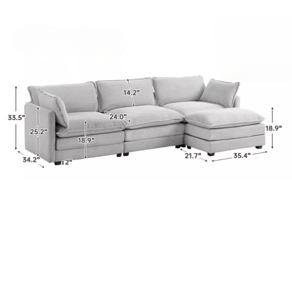 Light grey modular three-seater corduroy sectional sofa with movable ottoman, modern L-shaped couch for living room with soft cushions and sturdy wood-metal frame.