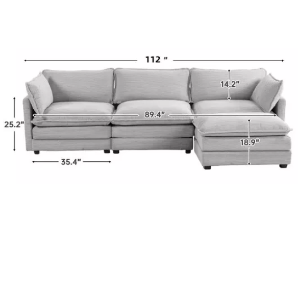 Light grey modular three-seater corduroy sectional sofa with movable ottoman, modern L-shaped couch for living room with soft cushions and sturdy wood-metal frame.