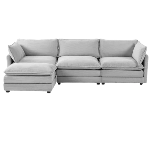 Light grey modular three-seater corduroy sectional sofa with movable ottoman, modern L-shaped couch for living room with soft cushions and sturdy wood-metal frame.