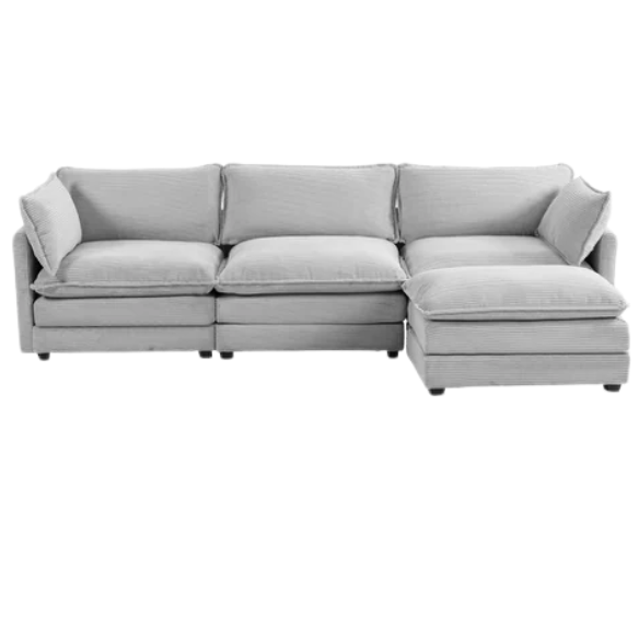 Light grey modular three-seater corduroy sectional sofa with movable ottoman, modern L-shaped couch for living room with soft cushions and sturdy wood-metal frame.