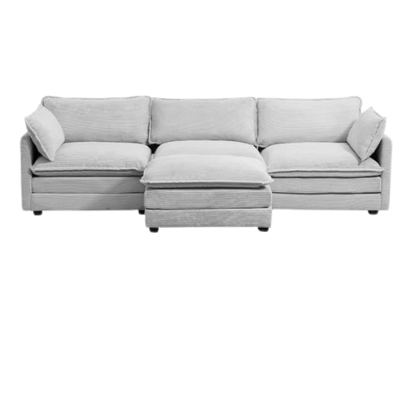 Light grey modular three-seater corduroy sectional sofa with movable ottoman, modern L-shaped couch for living room with soft cushions and sturdy wood-metal frame.