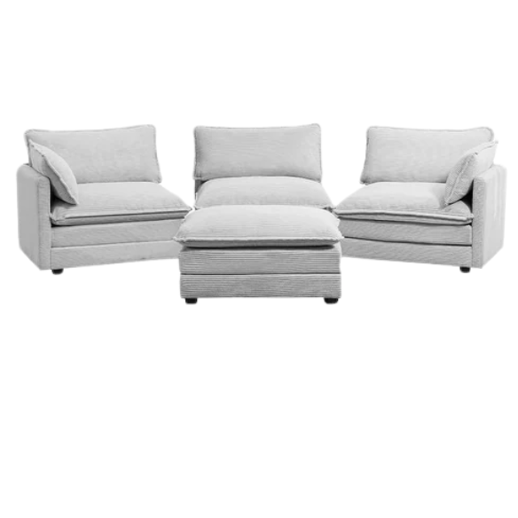 Light grey modular three-seater corduroy sectional sofa with movable ottoman, modern L-shaped couch for living room with soft cushions and sturdy wood-metal frame.