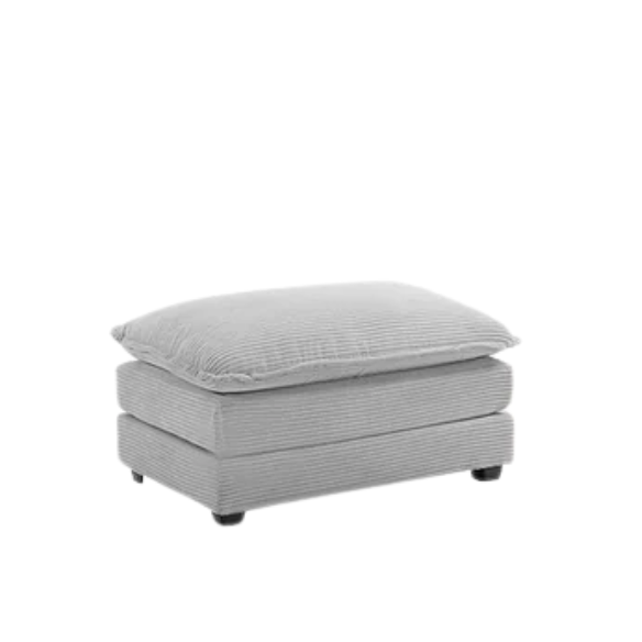 Light grey modular three-seater corduroy sectional sofa with movable ottoman, modern L-shaped couch for living room with soft cushions and sturdy wood-metal frame.