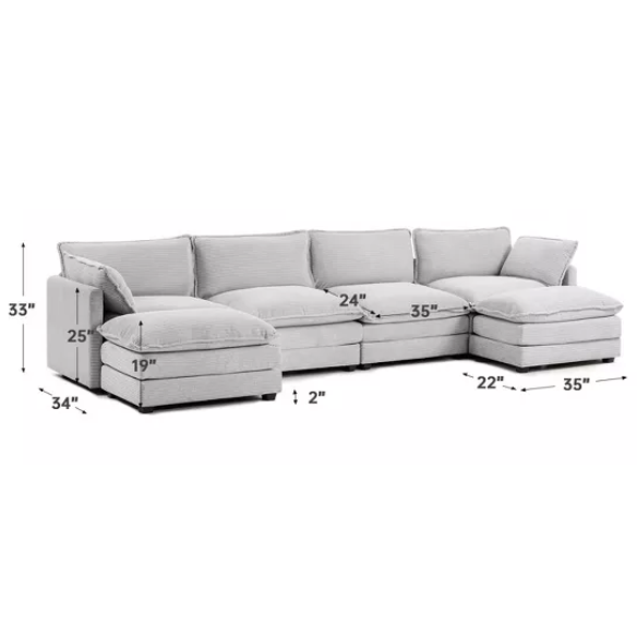 Light grey modular 4-seat sectional sofa with two matching ottomans, upholstered in soft corduroy fabric with high-resilience cushions and a durable wood and metal frame.