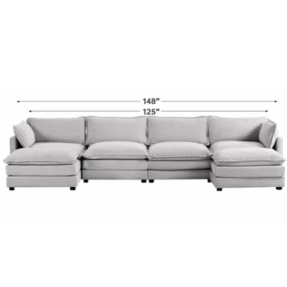 Light grey modular 4-seat sectional sofa with two matching ottomans, upholstered in soft corduroy fabric with high-resilience cushions and a durable wood and metal frame.