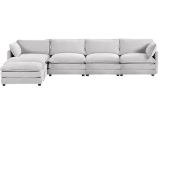 Light grey modular 4-seat sectional sofa with two matching ottomans, upholstered in soft corduroy fabric with high-resilience cushions and a durable wood and metal frame.
