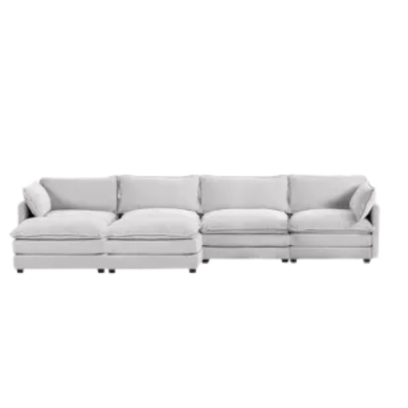 Light grey modular 4-seat sectional sofa with two matching ottomans, upholstered in soft corduroy fabric with high-resilience cushions and a durable wood and metal frame.