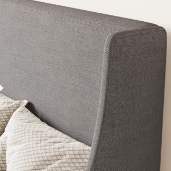 Light grey linen upholstered queen platform bed with wingback headboard, tapered black legs, and slatted support – no box spring needed
