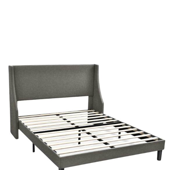 Light grey linen upholstered queen platform bed with wingback headboard, tapered black legs, and slatted support – no box spring needed